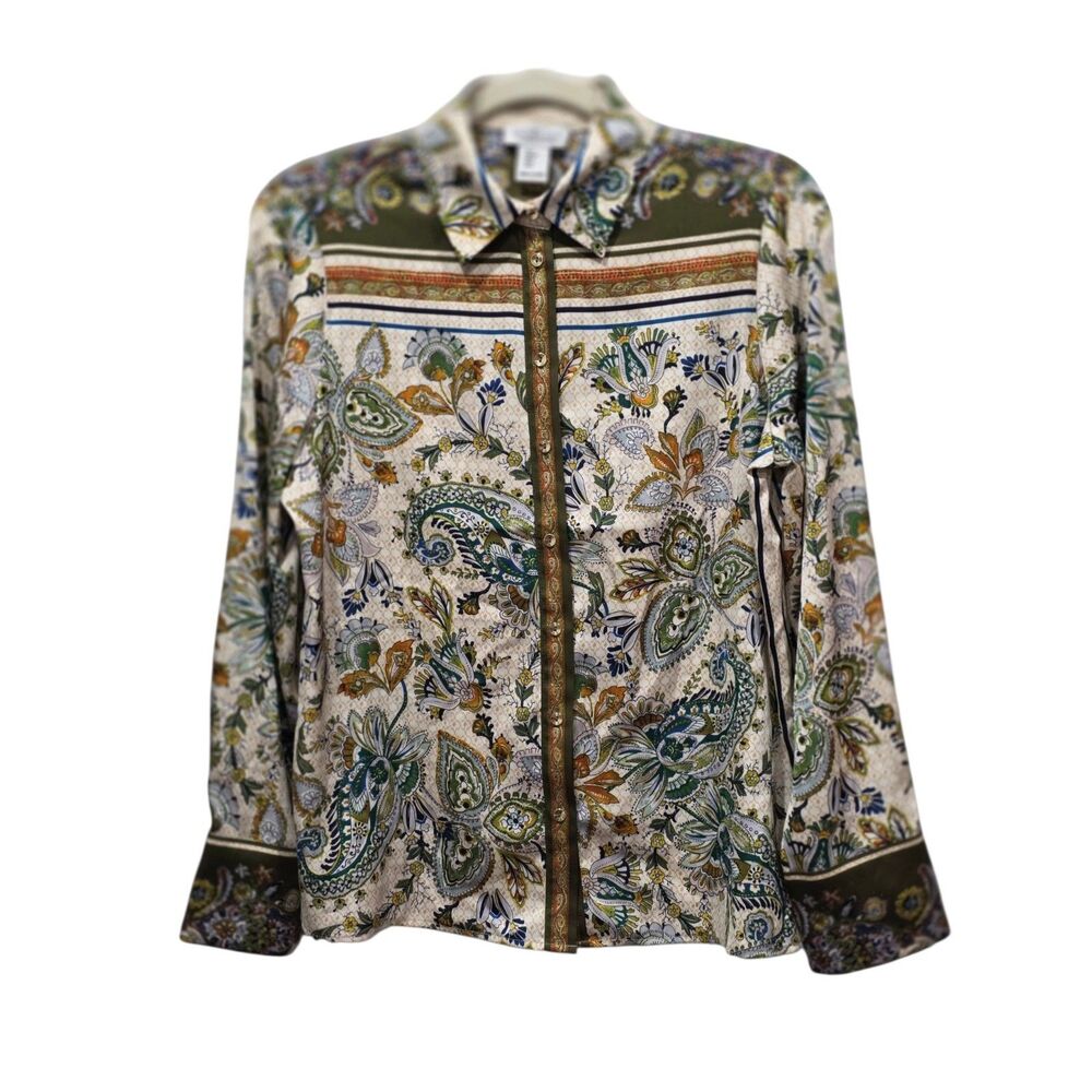 Rachel Zoe Satin Paisley Blouse S Green Floral Scarf Print Button Down Boho